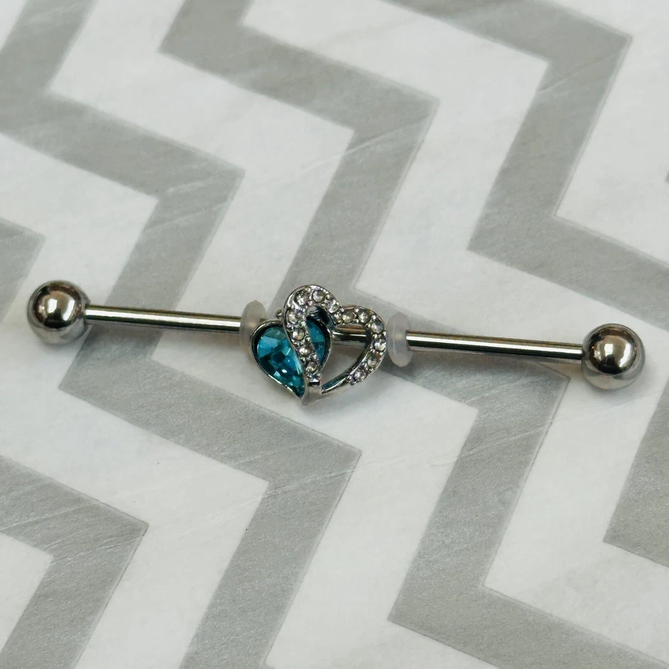 "Barbell industrial corazón gema azul aguamarina calibre 14 nuevo pendiente cartílago 1,5""" Foto 1 de 1