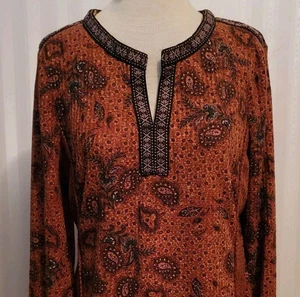 DR2 by Daniel Rainn Sz L Waffle Knit Top Thermal Long Sleeve Rust Paisley Tribal - Picture 1 of 6