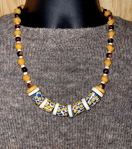 Men's 24in African Beaded Tribal Necklace, Hand Painted Krobo, Bone Beads, Blue - Picture 1 of 11