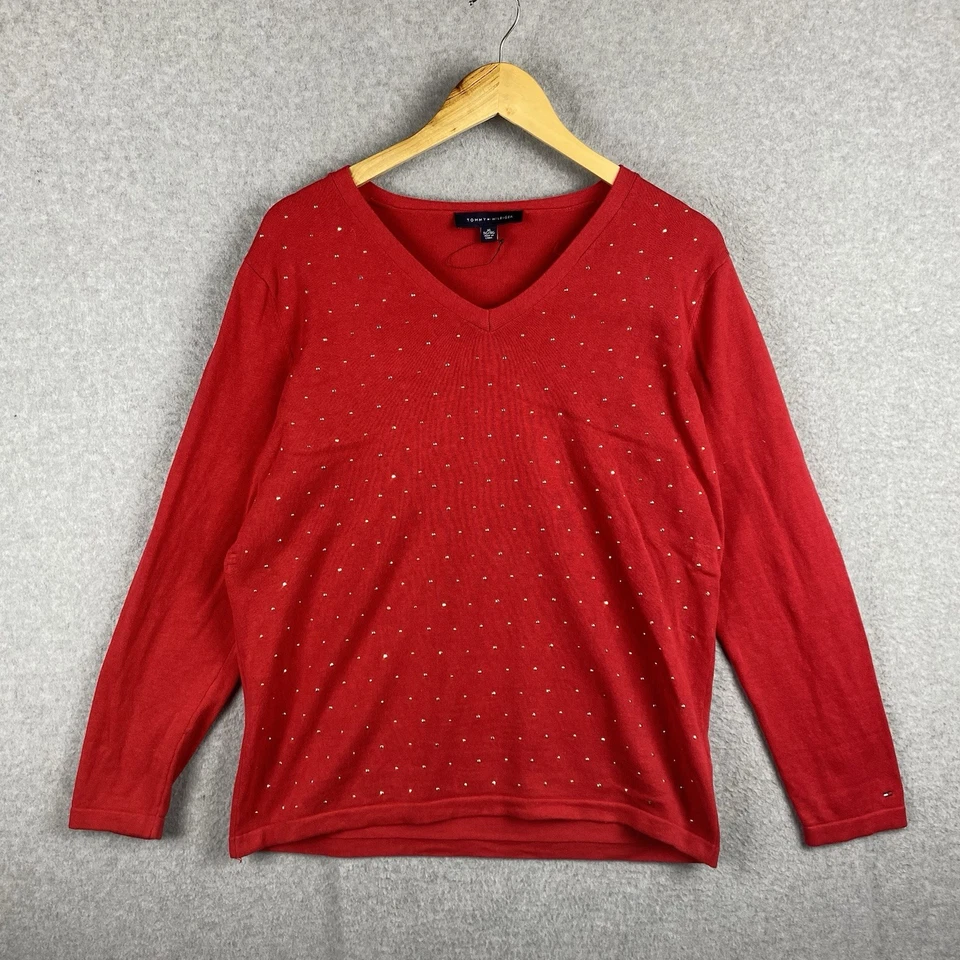 Tommy Hilfiger Suéter Mujer XL Rojo Cuello en V Lentejuelas Doradas Pullover Manga Larga Foto 1 de 4