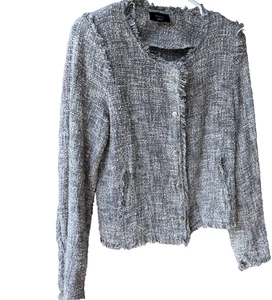 Chaqueta Vici Blanco y Negro Tweed Deshilachada Alta Baja Cremallera/A Presión Bolsillo Frontal Talla Pequeña - Imagen 1 de 13