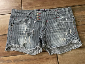 SULFR DENIM SHORTS WOMENS Sz 11 STRIPED DISTRESSED FRAY LEG STRETCH BOHO - Picture 1 of 6