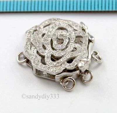 1x  Rhodium plated STERLING SILVER CZ CRYSTAL FLOWER 3-strand BOX CLASP #3153 - Image 1 of 3