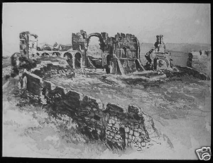 Glass Magic Lantern Slide RUINS OF LINDISFARNE C1900 DRAWING NORTHUMBERLAND - Picture 1 of 2