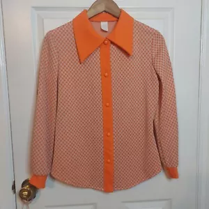Vintage 70s Mod Go Go Orange Geometric Collared Blouse Psychedelic Groovy Size M - Bild 1 von 9