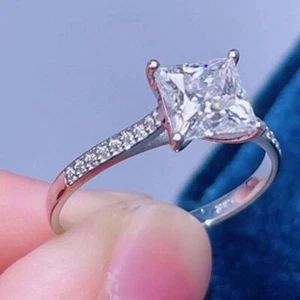 Lab-Created Princess 3.20 Ct White Diamond Engagement Ring 925 Sterling Silver - Picture 1 of 5