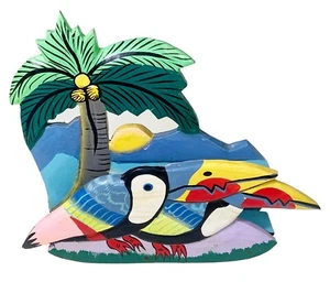 Wood Napkin Holder Tropical Toucan Birds Tiki Beach Indonesia H6.25”x7.5”x1.75” - Picture 1 of 6