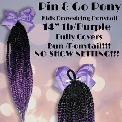 14” BRAIDED DRAWSTRING PONYTAIL FOR KIDS - 1b/Ombré Purple w/ Purple Bow - Image 1 of 4