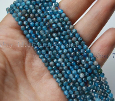 Pequeñas cuentas sueltas redondas de piedras preciosas de apatita azul natural facetadas de 3 mm filamento AA de 15"" Foto 1 de 4
