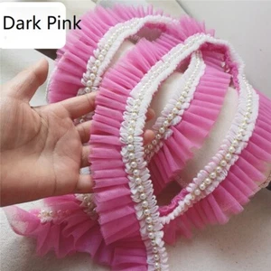 2M Lace Net Ruffle Trim Faux Pearl Beaded Pleated Mesh Ribbon Edge Sewing Decor - Picture 1 of 32
