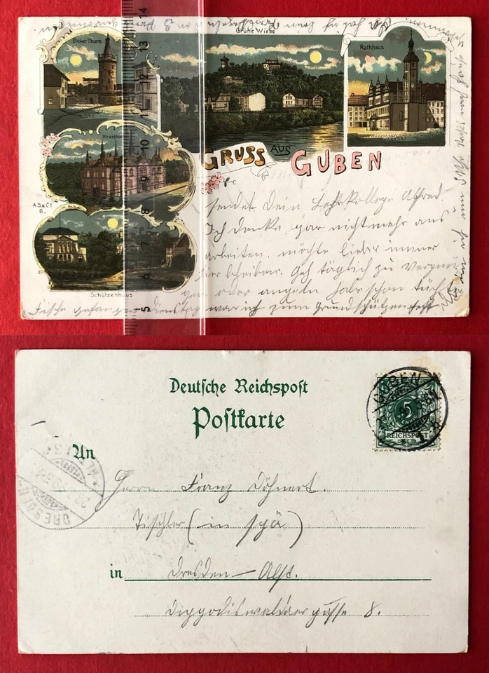 Litho AK GUBEN 1899 Dicker Turm, Kreishaus, Schützenhaus, Rathaus  ( 105803 - Bild 1 von 1