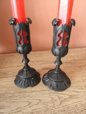 PAIRE DE BOUGEOIR ANCIEN  en BOIS EBENE AJOURE RAT DE CAVE CHANDELIER CANDELABRE - Photo 1/4