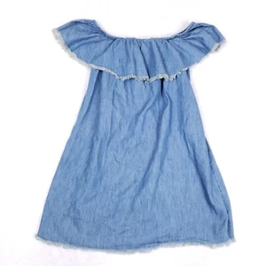 Mossimo Off Shoulder Chambray Blouse Small Blue Ruffle Fray Hem Boho Summer Girl - Picture 1 of 8