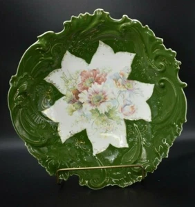 RS Prussia Steeple Mold 9 Shadow Poppy Flowers Green w/ Gold Tillowitz 10" - Picture 1 of 7