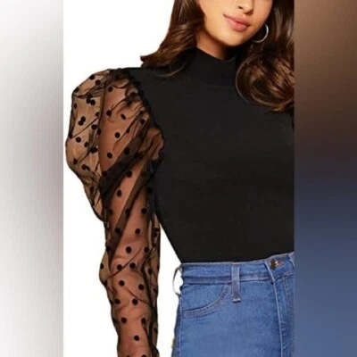 NUEVO SIN ETIQUETAS Camisa Blusa Camisa Top Elegante Manga Punto Abullonada Negra Shein XS X Pequeña 0 2 Foto 1 de 4