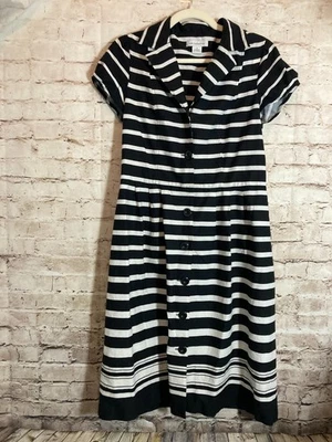 Liz Claiborne Shirt Dress 10 Black & Whte Striped Full Button Front Midi Office - Image 1 of 4