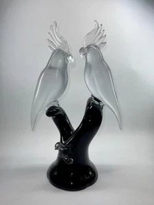 Murano Birds Cockatoo Black Frosted Renato Anatra Signed 17in Glass Sculpture - Picture 1 of 9