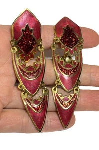 Vintage Earrings Clip On Berebi Red Dangle Egyptian Teardrop Long Signed RR1665 - Picture 1 of 5