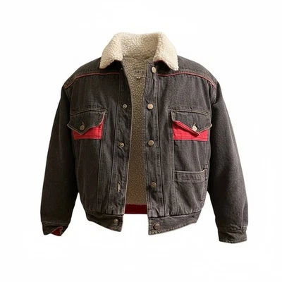 Vintage SHIII Sherpa Lined Denim Trucker Jacket Men’s L Black Red Wester - Image 1 of 3