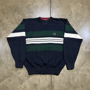 Vintage Tommy Hilfiger Pullover Medium Navy Grün Gestreift Wappen Logo Strick Golf - Bild 1 von 7