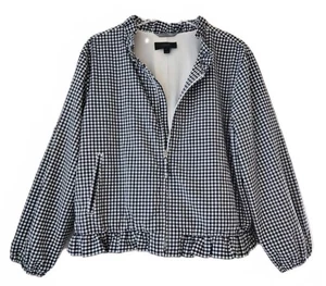 J Crew Jacket XL Black White Gingham Zip Front Ruffle Accent Lined Pockets - Picture 1 of 14