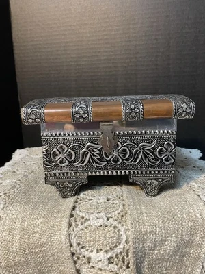 hand crafted jewelry box Wood Tin Copper Embossed - Image 1 of 4