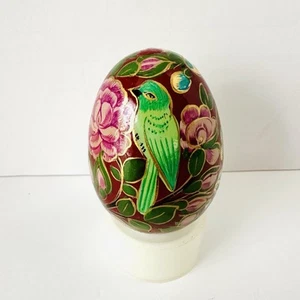 Vintage Russian Hand Painted Lacquer Egg Deep Red + Flowers & Bird~Gold Accents - Picture 1 of 8