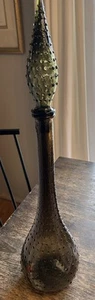 Vintage Olive Green Hobnail Genie Bottle Decanter with Stopper Italy Empoli MCM - Picture 1 of 15