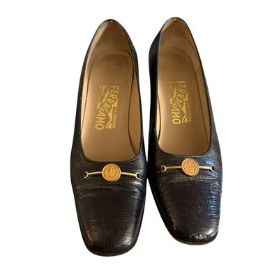 Vintage Salvatore Ferragamo Pump Heels Women's 8 Black Lizard Leather Narrow - Image 1 of 4
