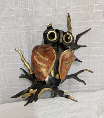 Arte de pared de búho de metal brutalista MCM escultura colgante oro cobre interiores del hogar Foto 1 de 4