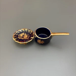 2pc Miniature Limoges France Porcelaine Set 22k gold on Cobalt Blue Plate & Pot - Picture 1 of 8