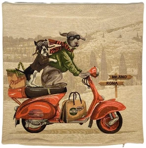 RED SCOOTER DOG RACERS 18" BELGIAN TAPESTRY CUSHION PILLOW COVER, VELVET BACK - Picture 1 of 6