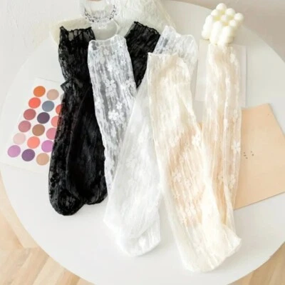 3 Pairs Floral Lace Socks Sweet & Cute Mid Tube Socks Black, White, & Apricot - Image 1 of 4