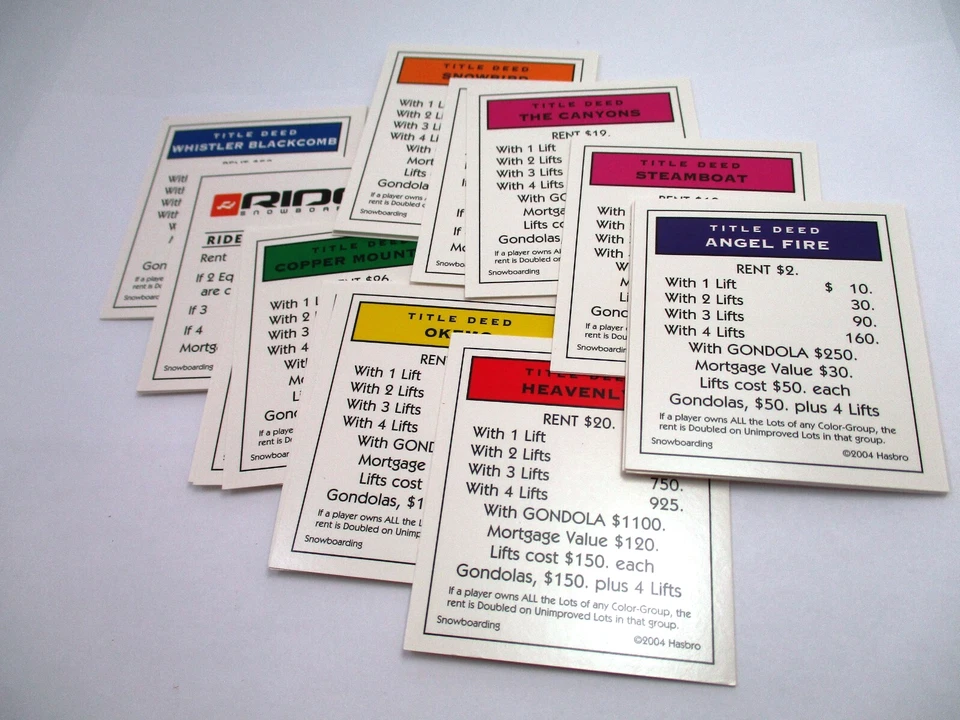 Monopoly Snowboarding Ed. Replacement Pieces Title Deed Cards Ski Resorts Deeds - Image 1 of 3
