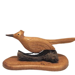 MCM Wood Carved Roadrunner Figurine on Driftwood Signed - Picture 1 of 9