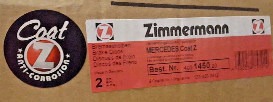 Rear Disc Brake Rotor, Pair (2) - Zimmermann 400.1450.20 - Image 1 of 1
