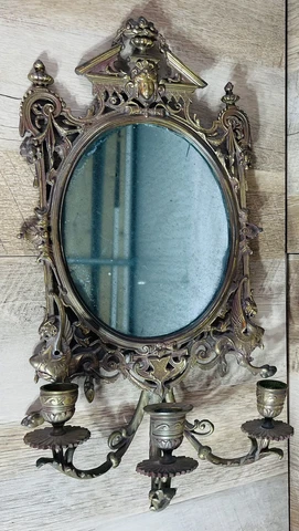 1920’s Victorian Art Deco  Brass Mirror Wall Sconce 3 Arm Orig Mirror 17” H Cover