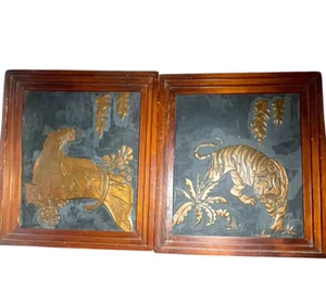 Awesome Pair Mid-Century Modern Copper Art Framed Panther & Tiger Pictures - Picture 1 of 5