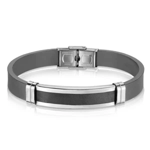 Edelstahl Herren schwarz 12 mm karierte Platte Silikon Gummiband Armband - Bild 1 von 1