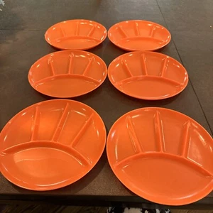 Lot of 6 Plastic Orange 5 Section 9” Fondue Plates Made Japan Plastic Vintage - Picture 1 of 6