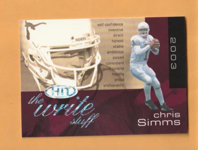 Chris Simms Texas Longhorns 2003 SAGE HIT Write Stuff #10 Franklin Lakes NJ 5M - Image 1 of 2