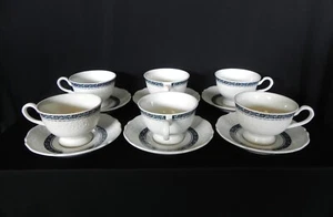 Hankook Chinaware CUPS & SAUCERS (Set of 6 ) Embossed Bone China Blue Band - Picture 1 of 7