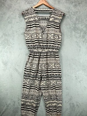 Iris Jumpsuit One Piece Womens Medium Beige Black Aztec Tribal Taper Leg Silky - image 1 of 4
