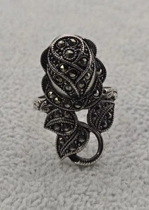 Silver Rhodium Electroplated Rose Size 6 Ring Marcasite Accents Hallmark Stamp - Picture 1 of 5