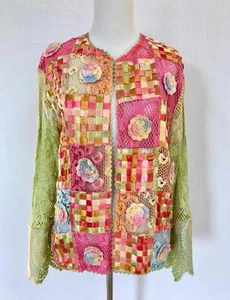 Cárdigan Suéter Vintage Perejil y Salvia Talla Mediana Multicolor Crochet Cinta Ribete - Imagen 1 de 5