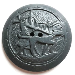 Large Vintage Wood Picture Button Dog Walker Houses in Background 1-3/4” - Picture 1 of 5