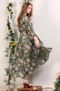 Womens Kimono Duster Cardigan Size S/M Maxi Long Summer Cover Boho Floral Sage - Picture 1 of 9