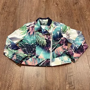 JENNIFER LOPEZ Womens Cropped/Moto Jacket XL Multicolor Fauna & Feathers Zipper - Picture 1 of 12