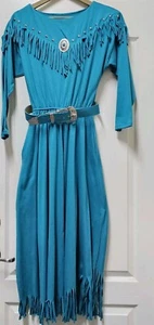 Vintage Sassa Kleid Damen 9/10 Western Fransen lang Maxi türkis blau Concho - Bild 1 von 12