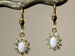 585 Gold Small Earrings with Opal Pendant 25mm Length 1 Pair with Break - Picture 1 of 5